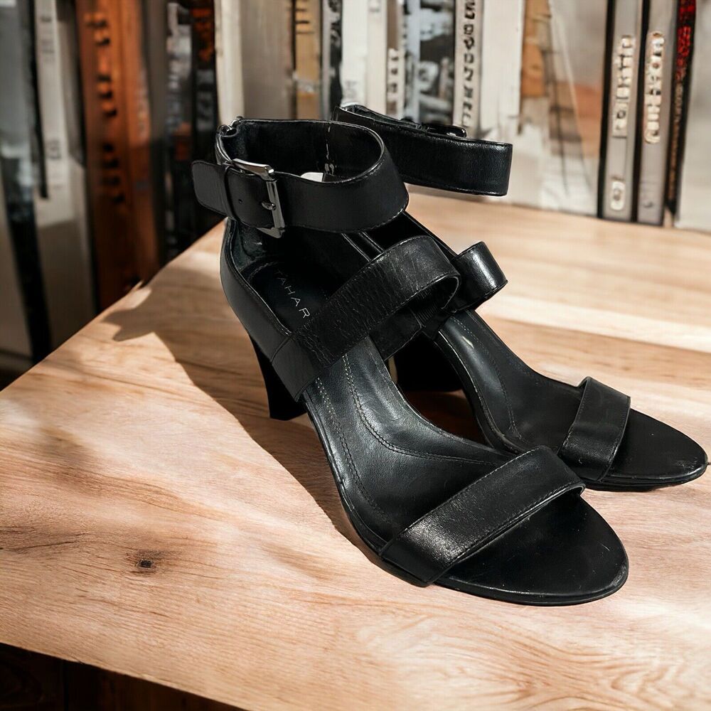 Tahari Zip Back Open Toed Strappy Black‎ 3.5” Heels London Size 8M